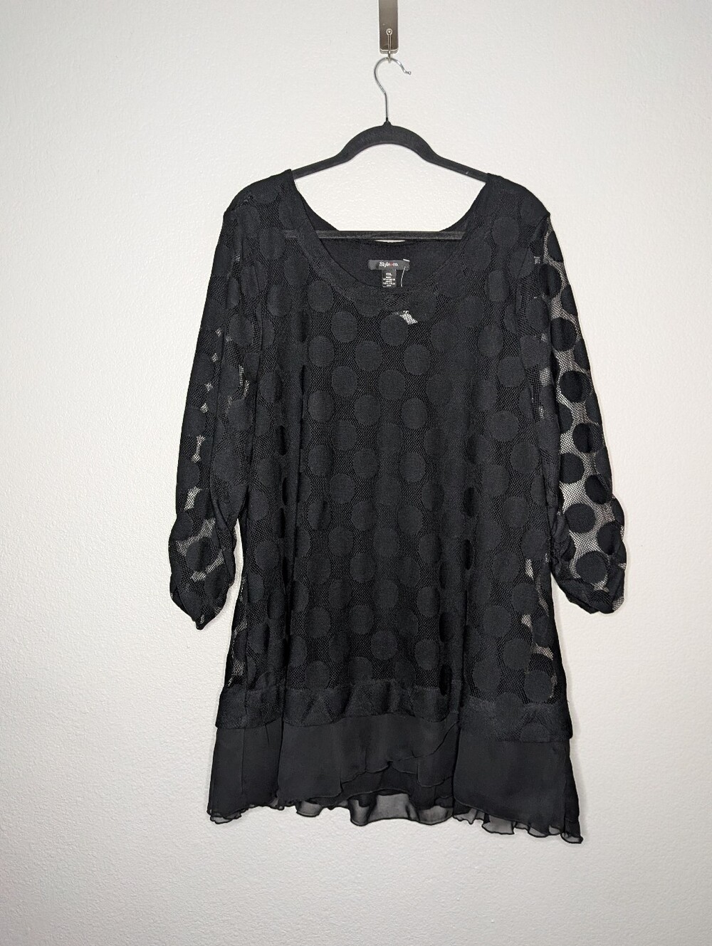 New Style & Co Black Polka Dot Sheer Office Layered Chiffon Trim Blouse XXL NWT